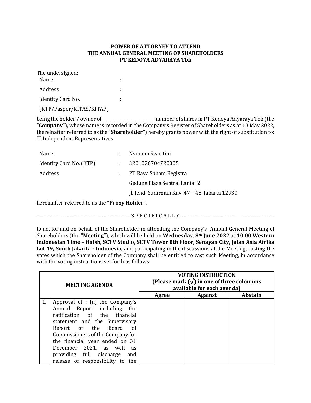 Power of Attorney to Attend The Annual General Meeting of Shareholders PT Kedoya Adyaraya Tbk